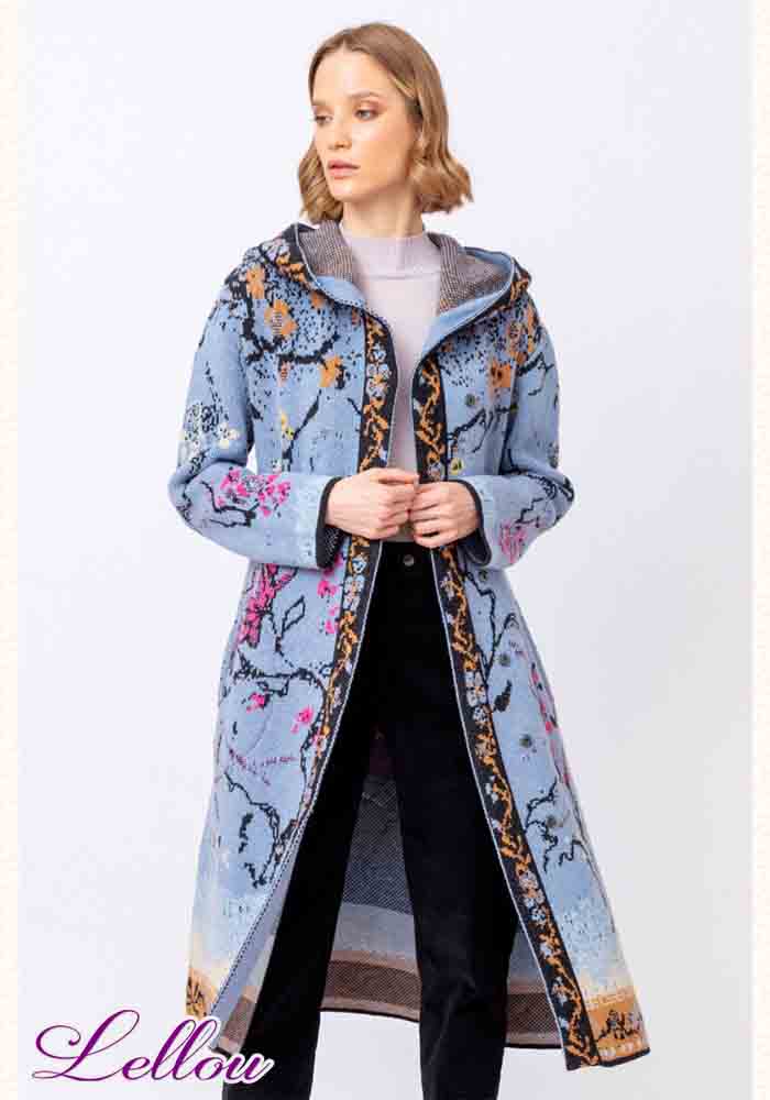 Manteau Ivko 212503 Sky. Collection Serbe de vêtements tissés et tricotés haut de gamme. Gilets et manteaux originaux et colorés.